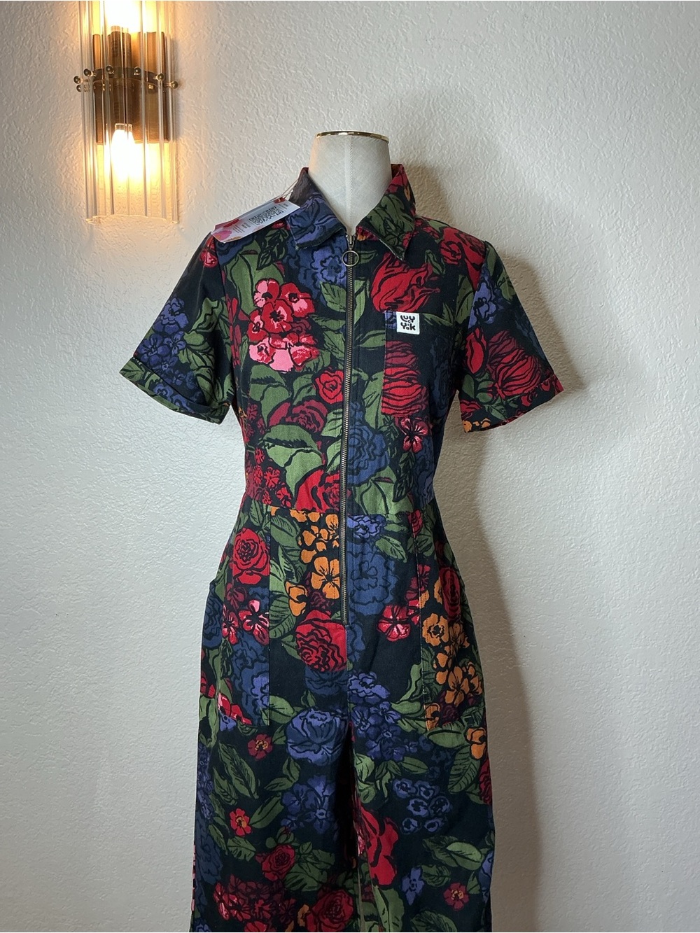 Lucy & Yak Floral Zip-Front Jumpsuit in Black, Red, Green, Blue